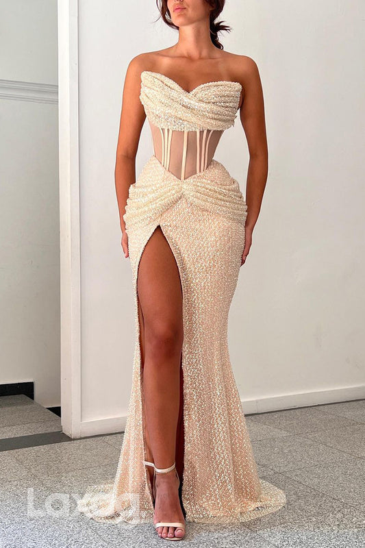 22310 - Strapless Beaded illusion High Slit Mermaid Party Prom Formal Evening Dress