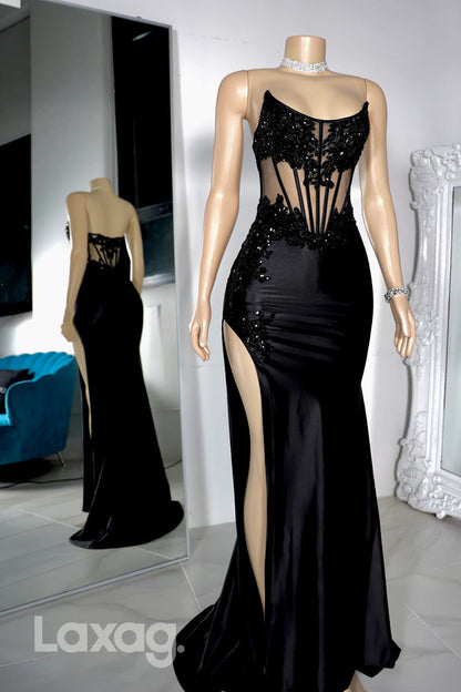 22543 - Strapless Beaded illusion High Slit Mermaid Prom Dresses for Black Girl Slay