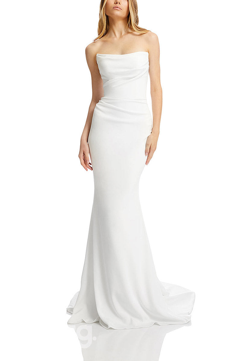 22862 - Strapless Draped Sleek Satin Elegant Mermaid Wedding Dress