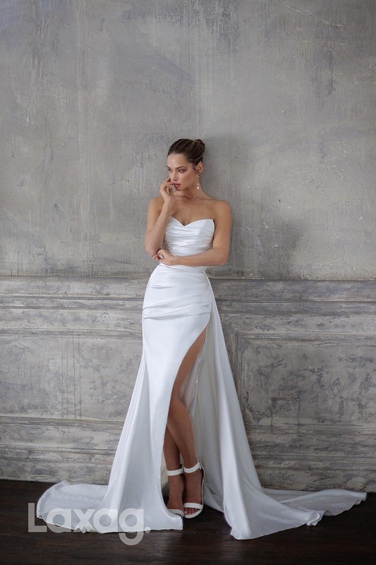 22354 - Strapless Draped Sleek Satin High Slit Wedding Dress with Train