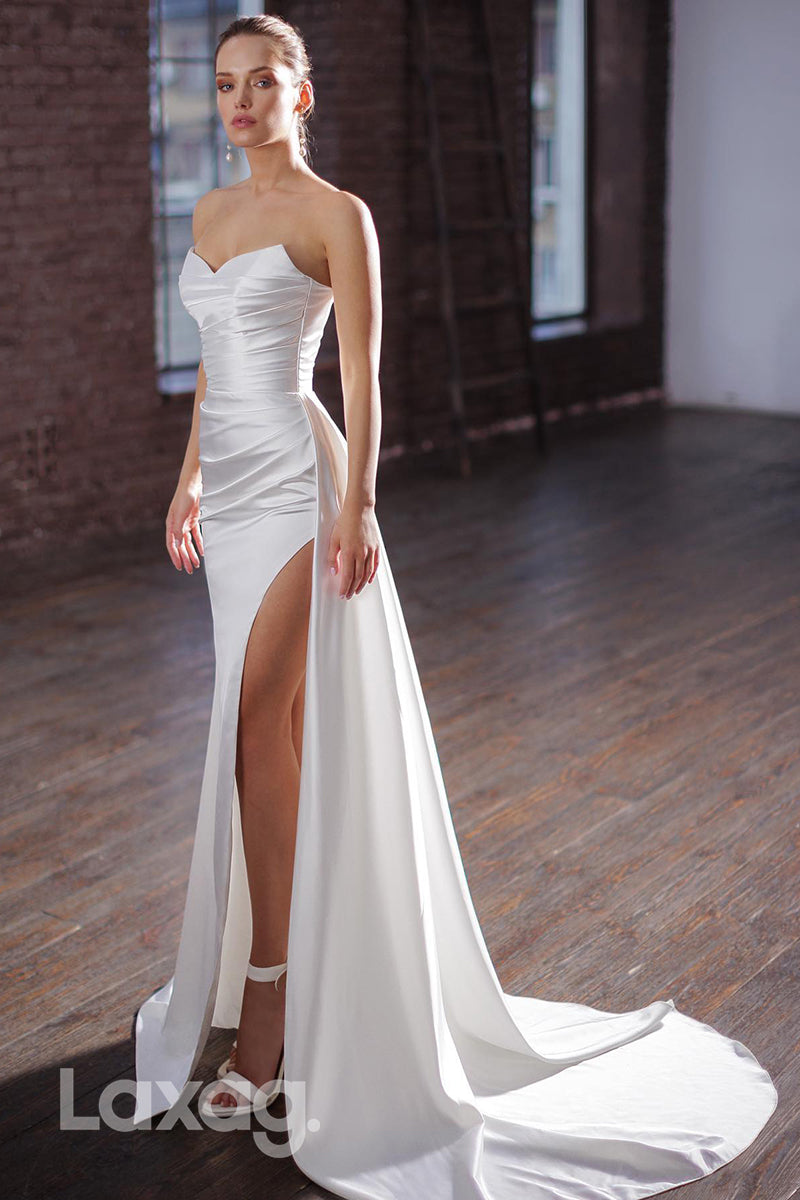 22354 - Strapless Draped Sleek Satin High Slit Wedding Dress with Train