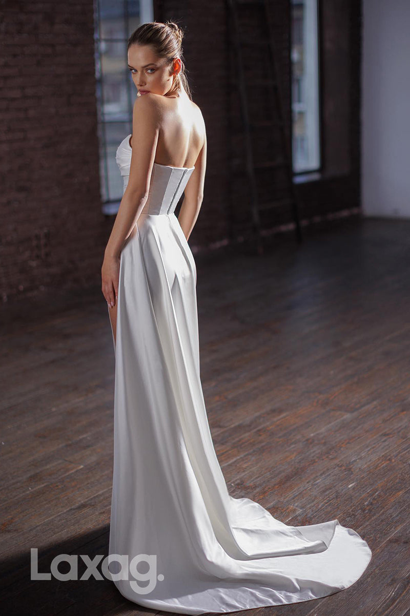 22354 - Strapless Draped Sleek Satin High Slit Wedding Dress with Train