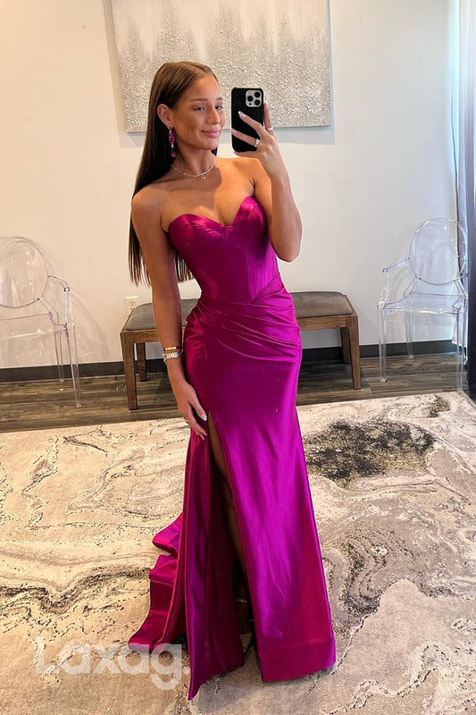 22332 - Strapless Draped Sleek Satin Mermaid Party Prom Formal Evening Dress with Slit