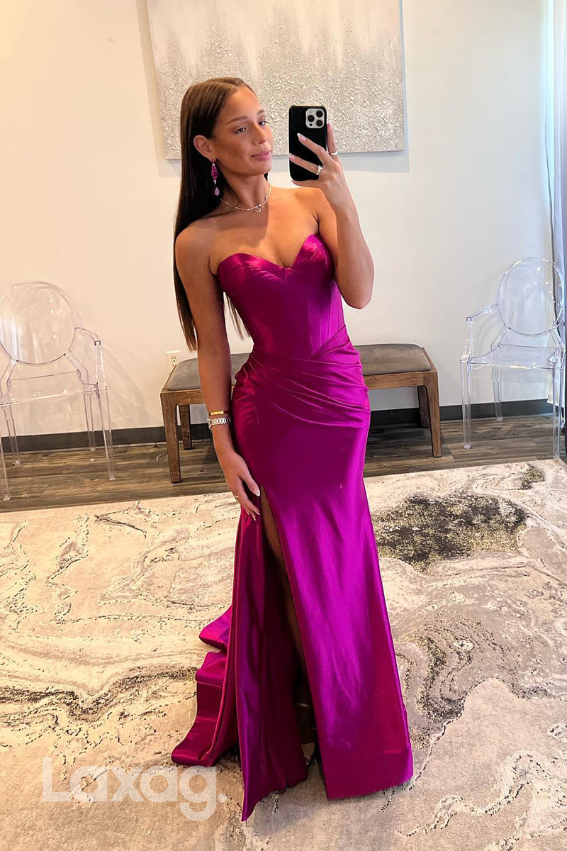 22332 - Strapless Draped Sleek Satin Mermaid Party Prom Formal Evening Dress with Slit