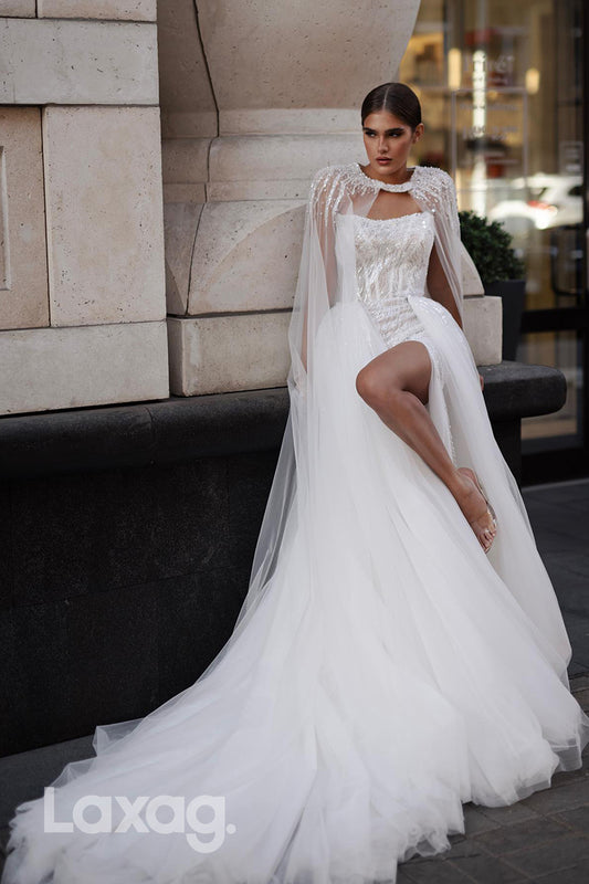 22384 - Strapless Fully Beaded Tulle High Slit Mermaid Wedding Dress with Overlay