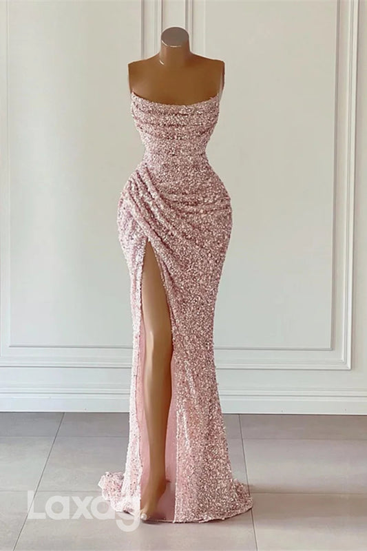 22252 - Strapless Fully Sequins High Slit Mermaid Party Prom Formal Evening Dress