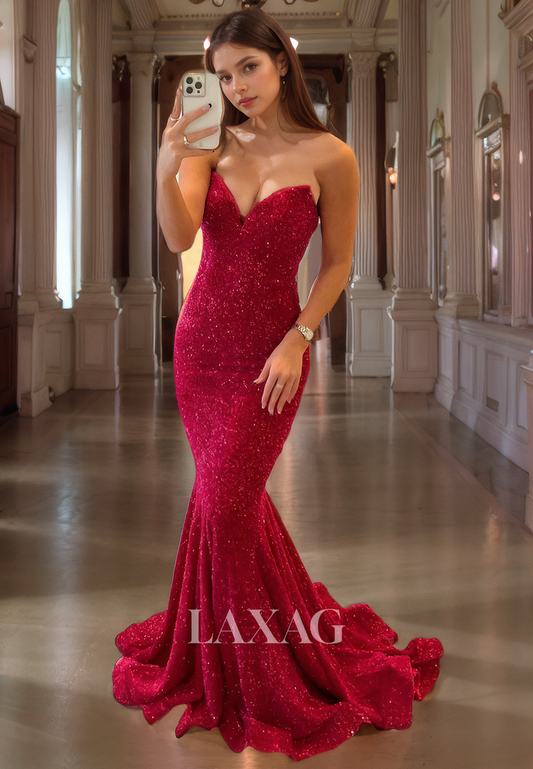 Strapless Fully Sequins Mermaid Party Prom Formal Evening Dress with Train