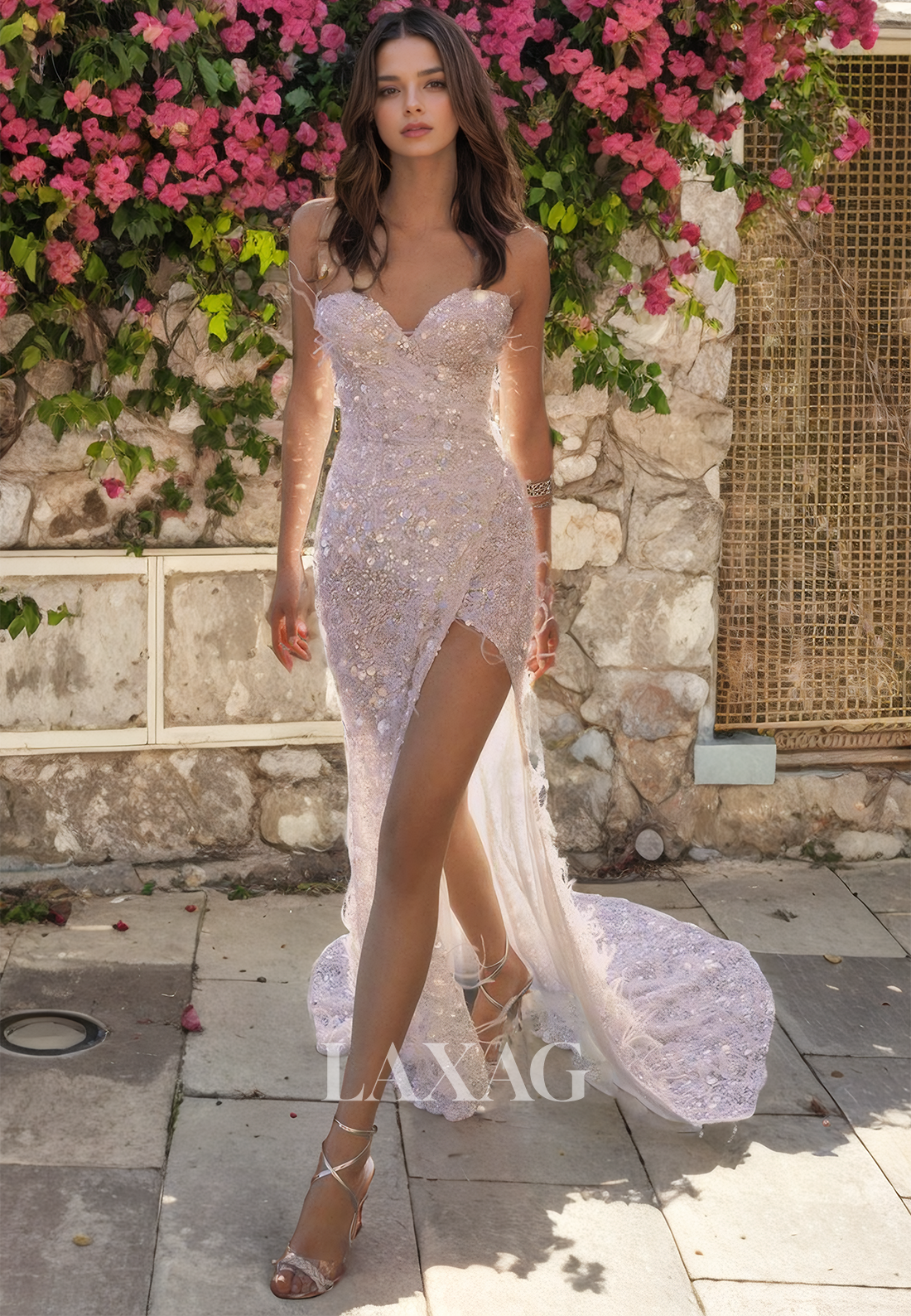 Strapless Fully Sequins Tulle illsuion High Slit Wedding Dress with Train