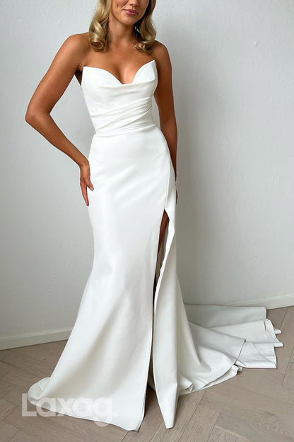 23018 - Strapless High Slit Pleated Sleek Satin Elegant Wedding Dress with Train