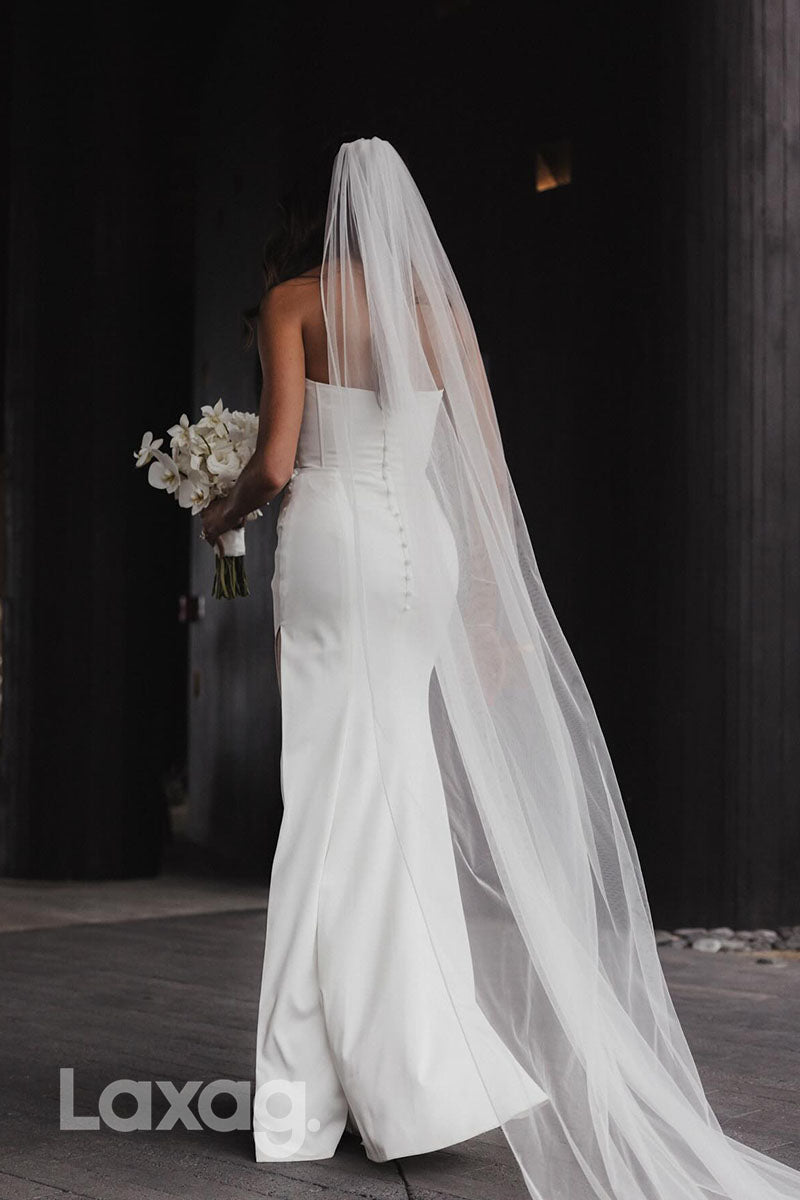 23018 - Strapless High Slit Pleated Sleek Satin Elegant Wedding Dress with Train