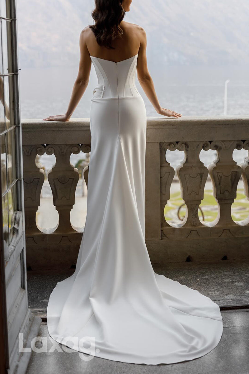 22723 - Strapless High Slit Sleek Satin Mermaid Wedding Dress with Sweep Train