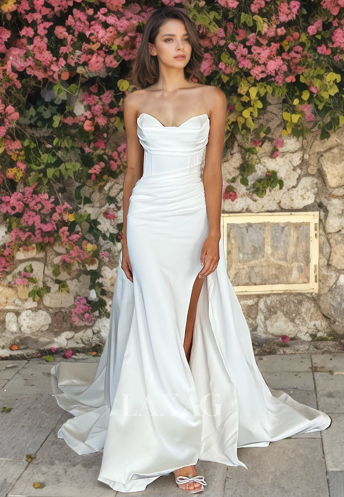 Strapless High Slit Sleek Satin Mermaid Wedding Dress with Train