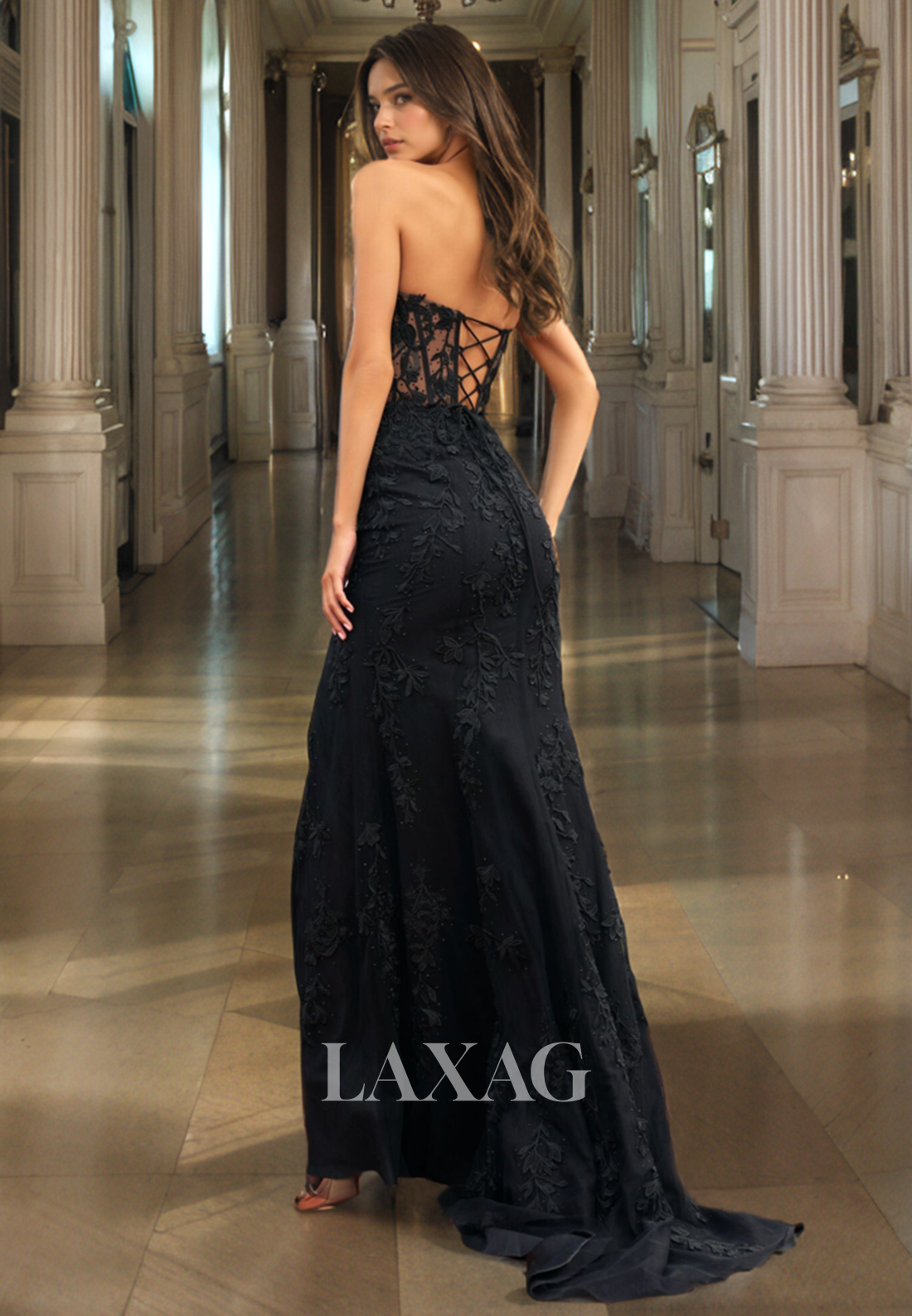 Strapless Lace Appliques High Slit Sleek Satin Party Prom Formal Evening Dress