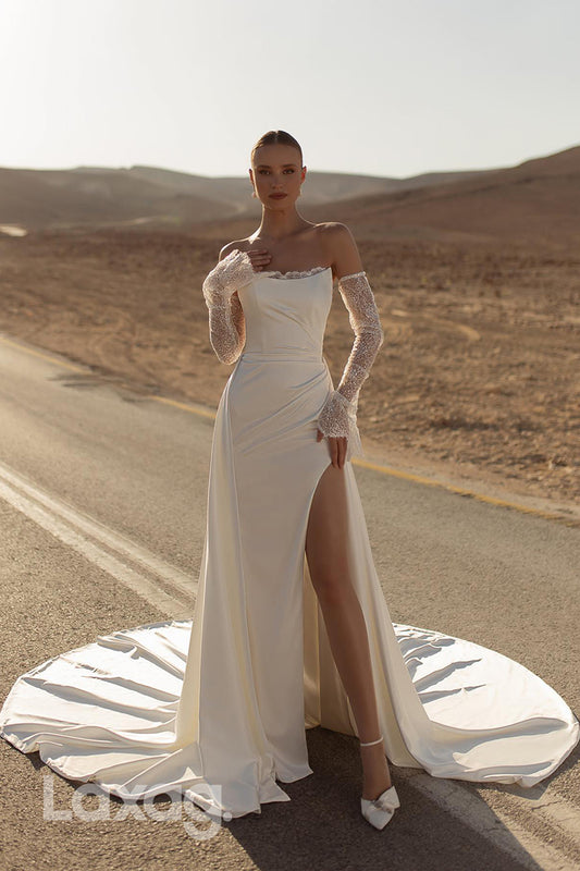 22346 - Strapless Lace Long Sleeves High Slit Wedding Dress with Detachable Train