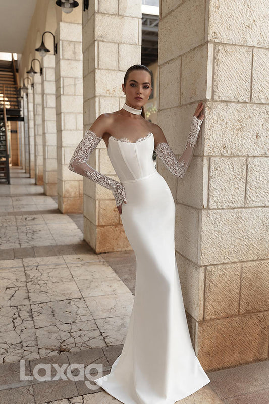 22348 - Strapless Lace Long Sleeves Sleek Satin Mermaid Wedding Dress