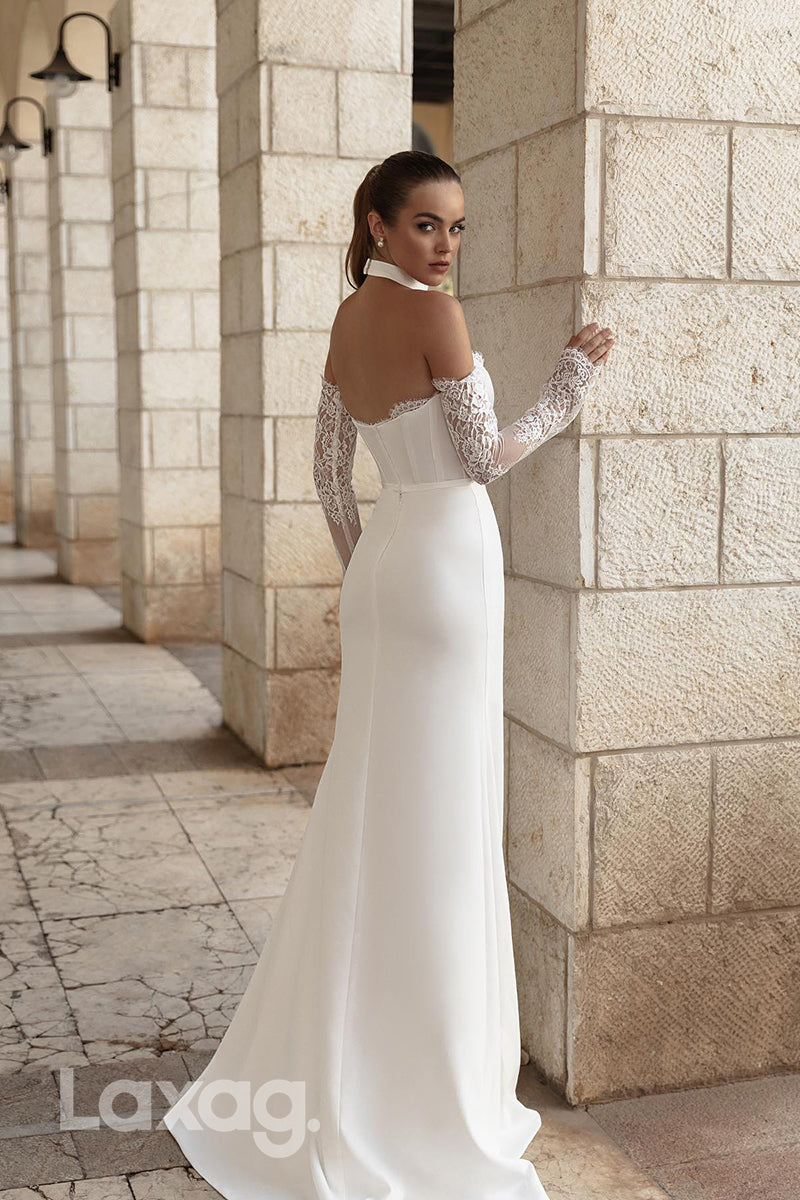 22348 - Strapless Lace Long Sleeves Sleek Satin Mermaid Wedding Dress