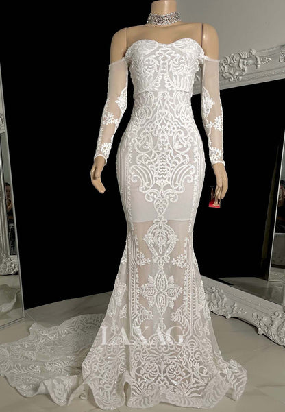 Sweetheart Off-Shoulder Long-Sleeves Lace Appliques Mermaid Prom Dress for Black Girl Slay