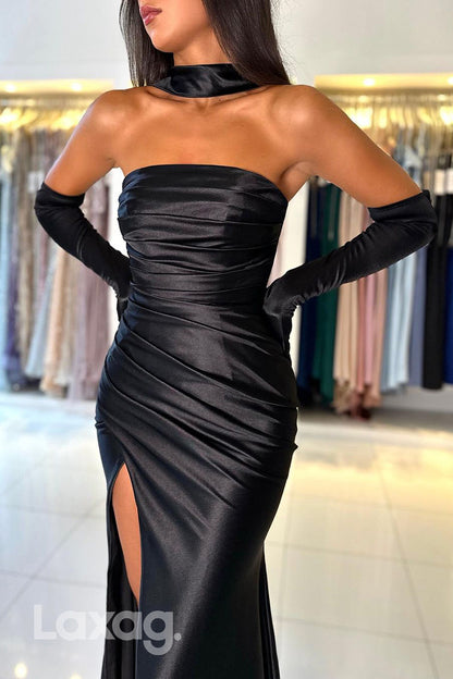 22249 - Strapless Long Sleeves Draped Sleek Satin Party Prom Formal Evening Dress with Slit