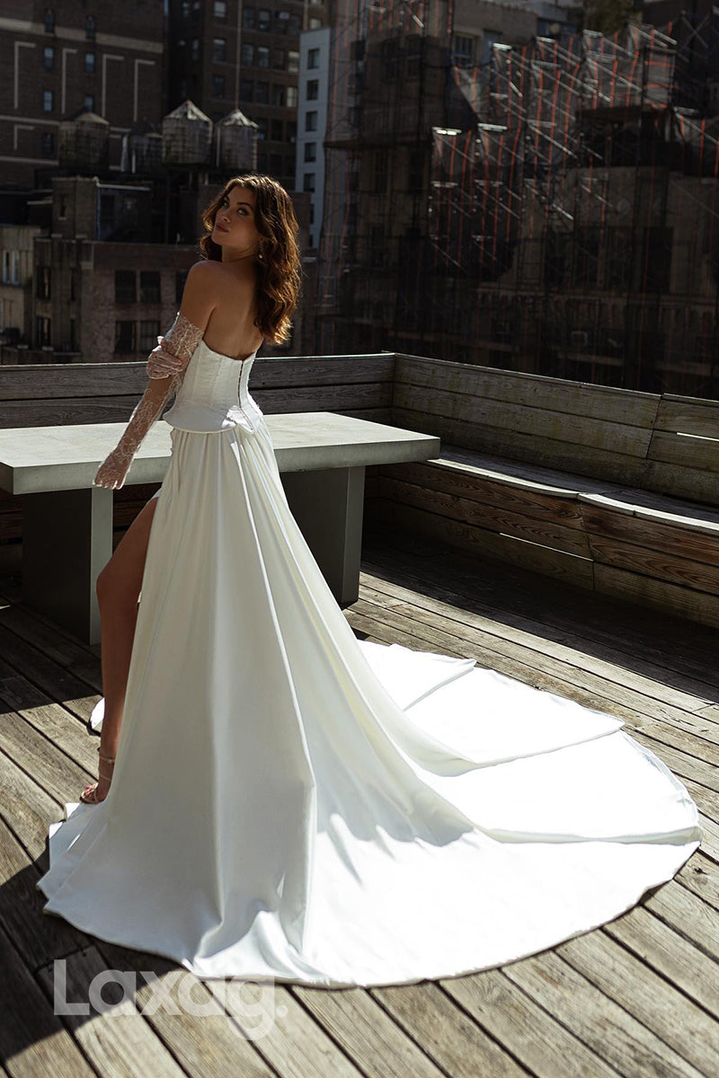 22344 - Strapless Long Sleeves Lace Sleek Satin High Slit Wedding Dress with Train