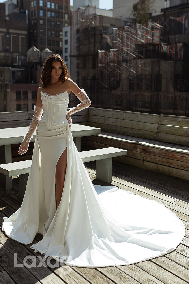 22344 - Strapless Long Sleeves Lace Sleek Satin High Slit Wedding Dress with Train