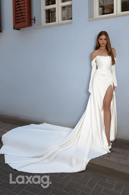 22347 - Strapless Long Sleeves Sleek Satin High Slit Wedding Dress with Detachable Train