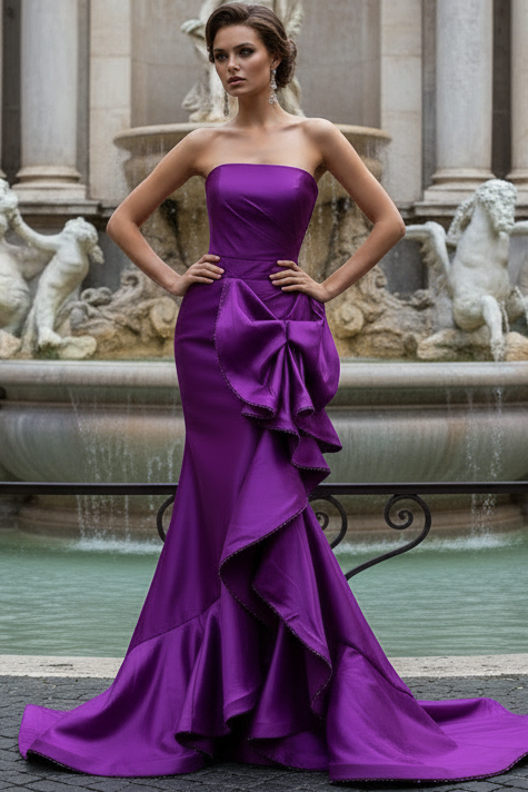 Tube Top Off-Shoulder Sleeveless Satin Sweep Train Mermaid Prom Dress with Big Bow