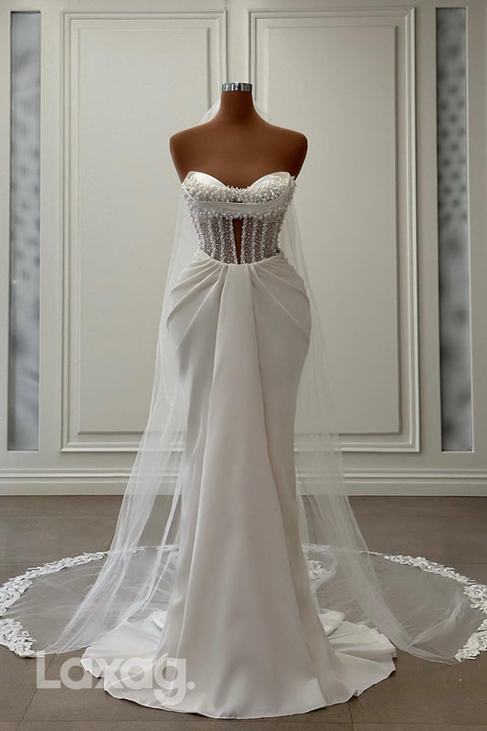 22355 - Strapless Pearls Beaded Draped Sleek Satin Mermaid Wedding Dress