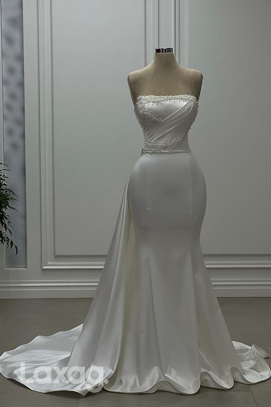 22357 - Strapless Pearls Beaded Sleek Satin Mermaid Wedding Dress with Train