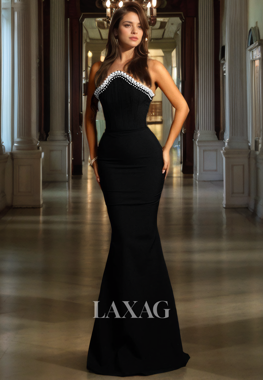 Strapless Pearls Sleek Satin Mermaid Party Prom Formal Evening Dress