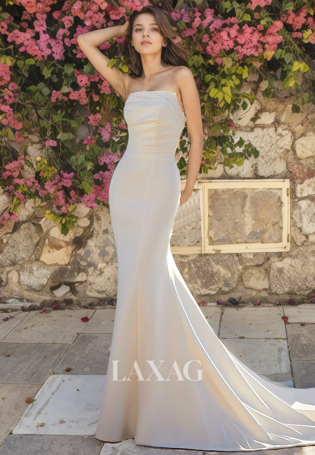 Strapless Pearls Sleek Satin Mermaid Wedding Dress with Train