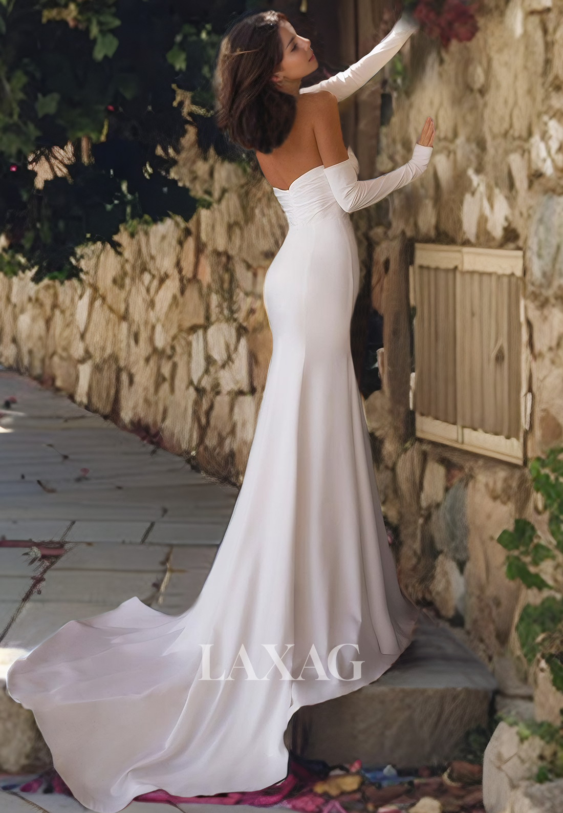 Strapless Pleated Sleek Satin High Slit Elegant Wedding Dress with Train