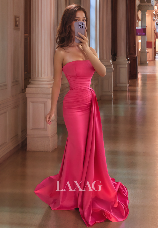 Strapless Pleated Sleek Satin Party Prom Formal Evening Dress with Train