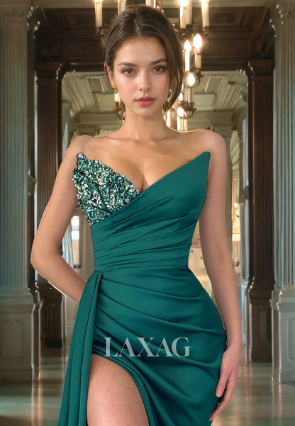 Strapless Sequins High Slit Sleek Satin Party Prom Formal Evening Dress with Train