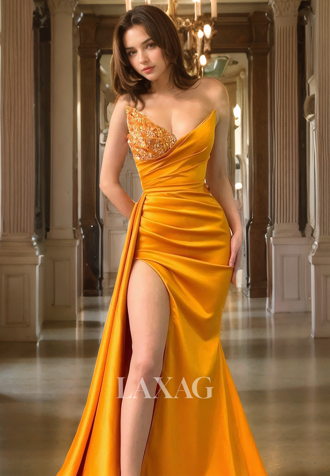 21713 - Sexy V-Neck Beads Long Formal Evening Gowns with Slit