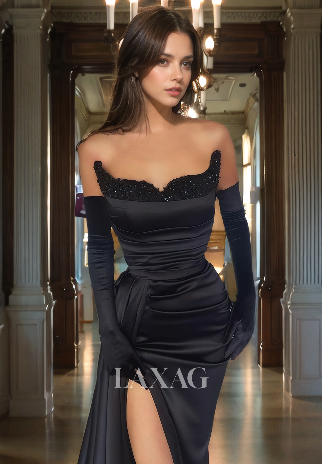 18764 - Strapless Black Satin Thigh Slit Prom Evening Dress With Gloves