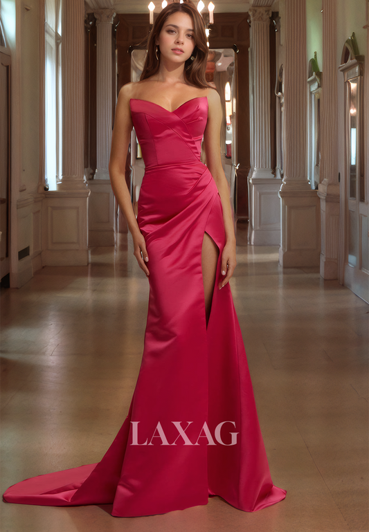 Strapless Sleek Satin High Slit Elegant Party Prom Formal Evening Dress