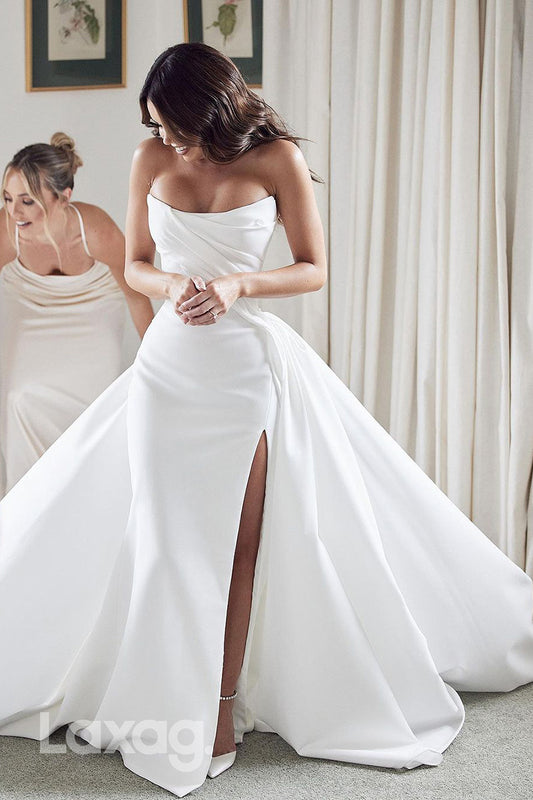 22664 - Strapless Sleek Satin High Slit Elegant Wedding Dress with Train