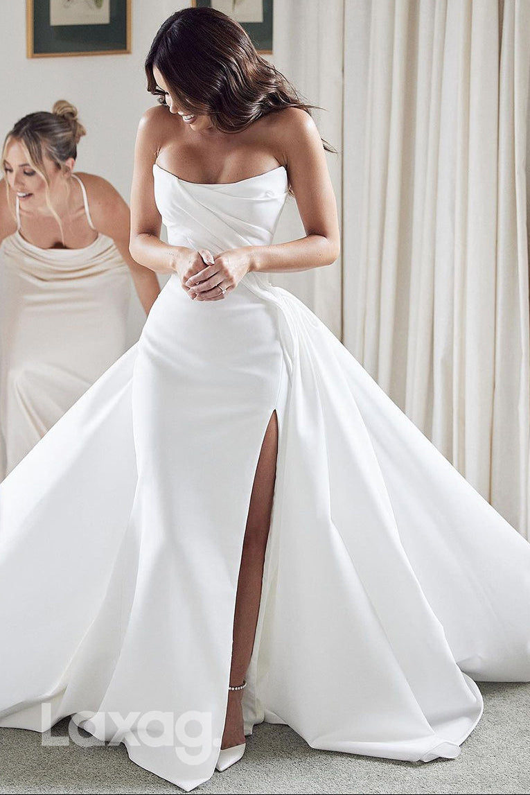 Bateau-Neck Off-Shoulder Sleeveless Satin Pleated Slit Mermaid Wedding – Laxag