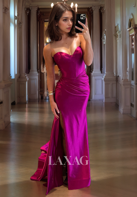 Strapless Sleek Satin High Slit Party Prom Formal Evening Dress with Train