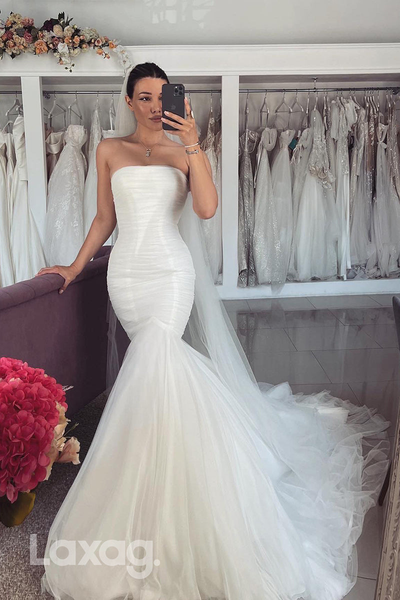 22399 - Strapless Sleek Satin Tulle Mermaid Wedding Dress with Train