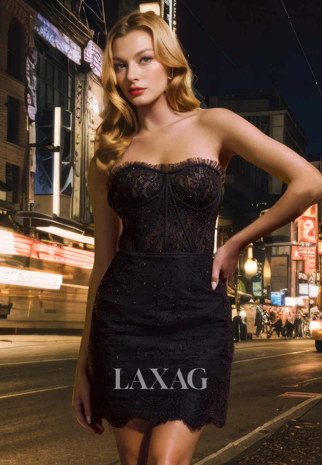 Strapless Tulle Lace Appliques Beaded Fitted Party Homecoming Dress  Laxag