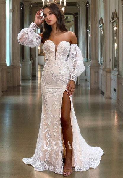 20749 - Plunging V-neck Exquisite Lace Long Sleeves Prom Dress with Slit