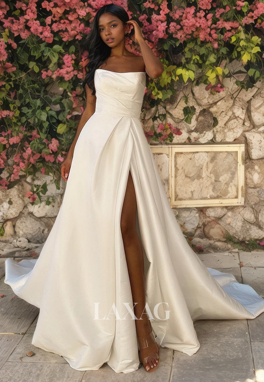 Straplesss High Slit Pleated Sleek Satin Elegant Wedding Dress with Train