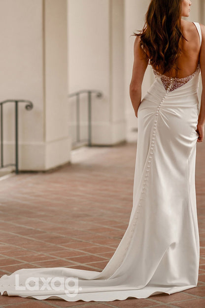 22861 - Straps Backless Pearls Sleek Satin Wedding Dress with Slit and Train