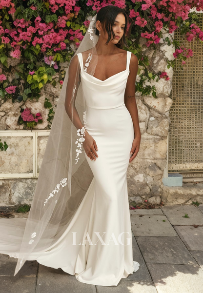 Straps Backless Sleek Satin Mermaid Elegant Wedding Dress with Train