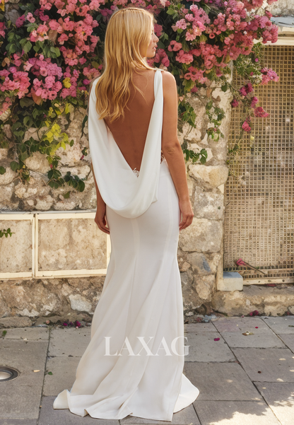 Straps Backless Sleek Satin Mermaid Wedding Dress with Train