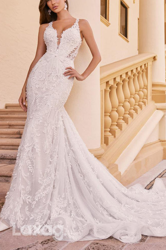 22593 - Straps Backlesss Appliques Sequins Mermaid Wedding Dress with Train