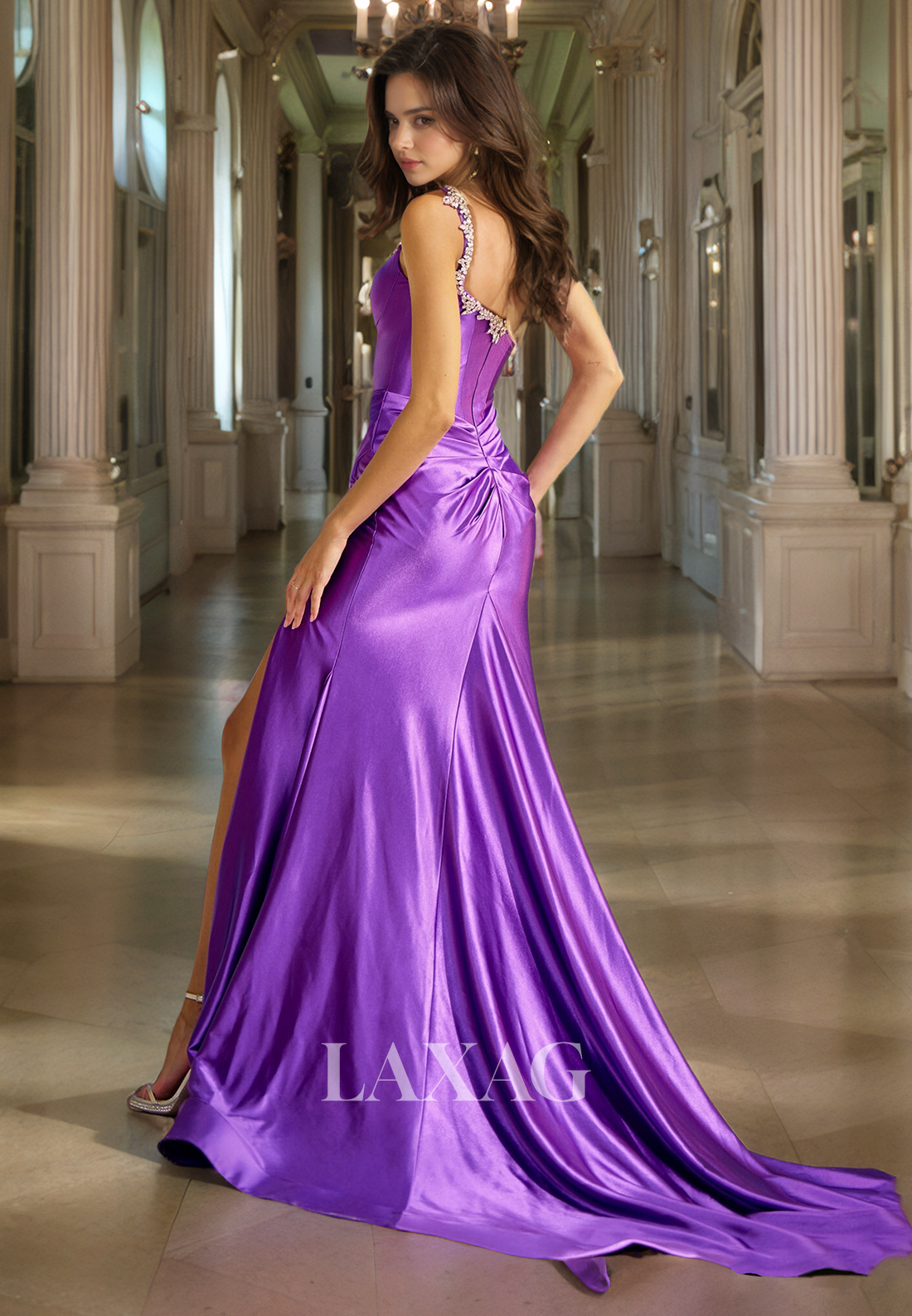 Straps Beaded Sleek Satin Party Prom Formal Evening Dress with Slit and Train