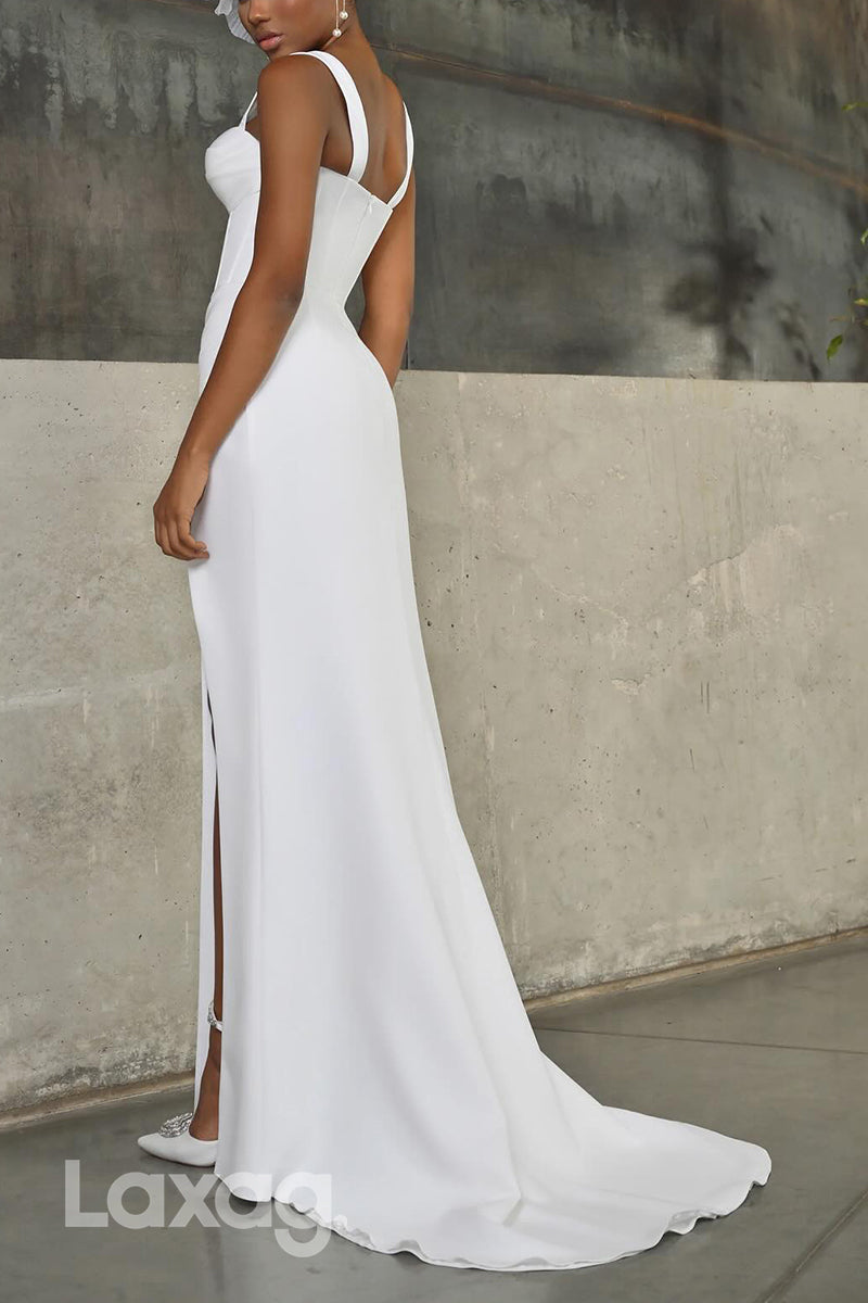 22722 - Straps High Slit Sleek Satin Mermaid Wedding Dress with Sweep Train