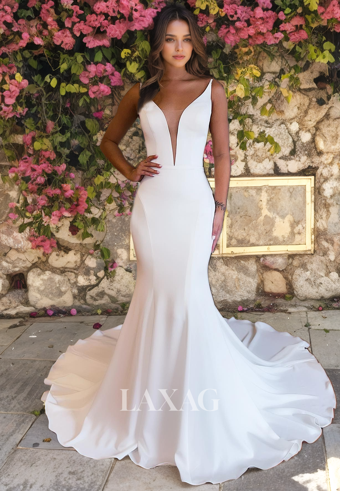 Straps Low V-Neck Backless Sleek Satin Mermaid Wedding Dress with Trai   Laxag